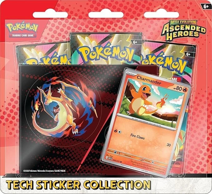 Pokémon trading card game packaging with a Charmander card on a red background